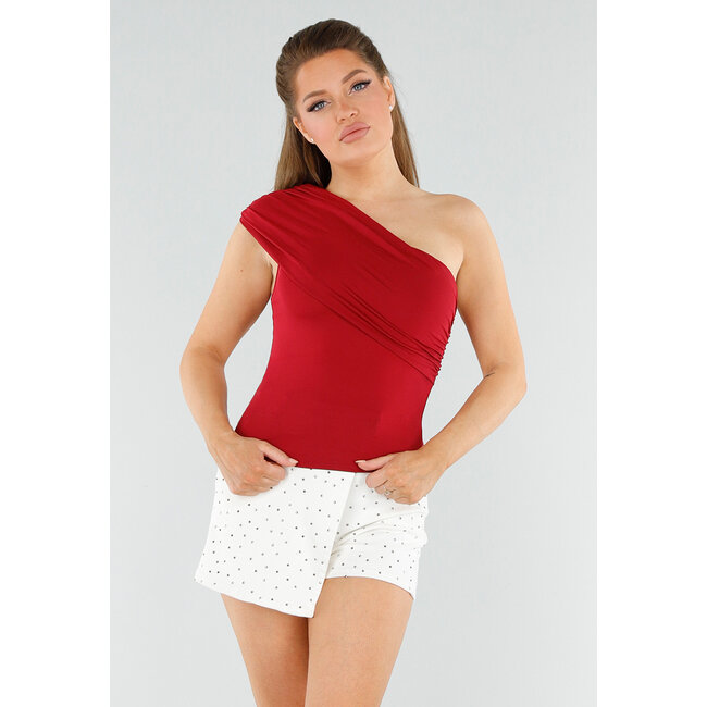 Rotes One-Shoulder-Top mit Falten und Stretch