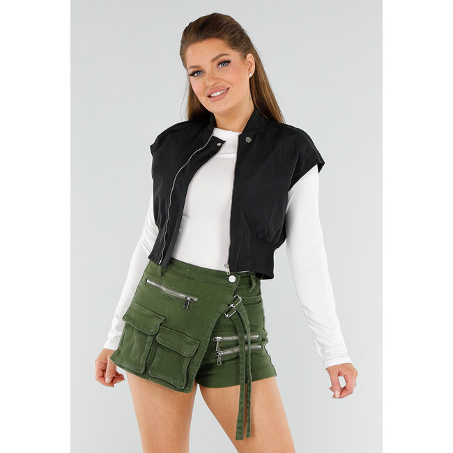 Schwarzer Cropped Bodywarmer mit Reißverschluss und hohem Kragen