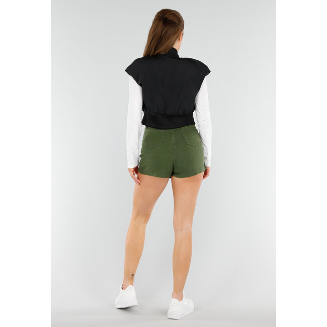 Schwarzer Cropped Bodywarmer mit Reißverschluss und hohem Kragen