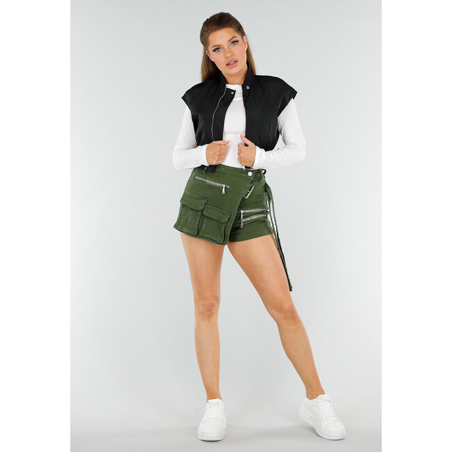 Schwarzer Cropped Bodywarmer mit Reißverschluss und hohem Kragen