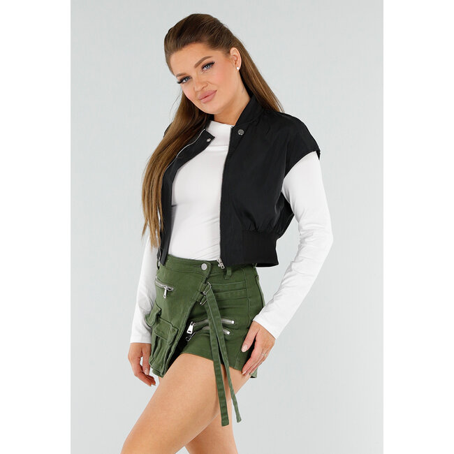 Schwarzer Cropped Bodywarmer mit Reißverschluss und hohem Kragen