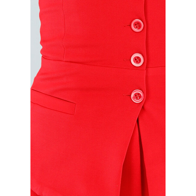 Rotes trägerloses Korsett-Top mit Knopfleiste, Plissee und Paspeltaschen