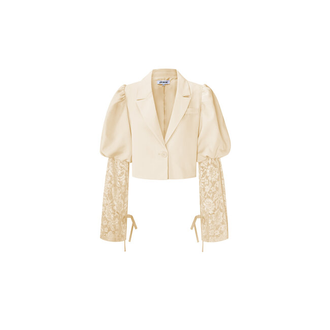 Beigefarbener Cropped Blazer mit Spitzenärmeln und Puffschultern