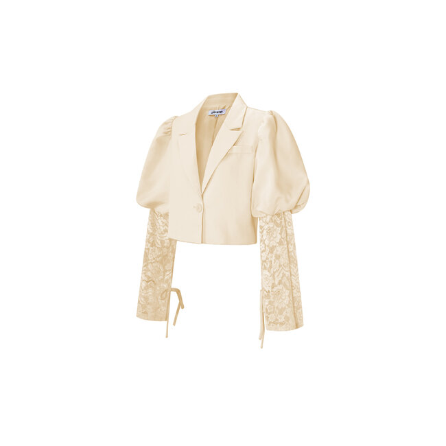 Beigefarbener Cropped Blazer mit Spitzenärmeln und Puffschultern