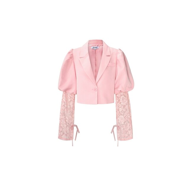 Hellrosa Kurzer Blazer mit Spitzenärmeln und Puffärmeln