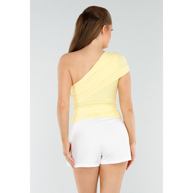 Buttergelbes One-Shoulder-Top mit Falten und Stretch