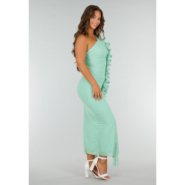 Grünes Stretchkleid mit Rosetten, Schlitz und asymmetrischer Schulterpartie