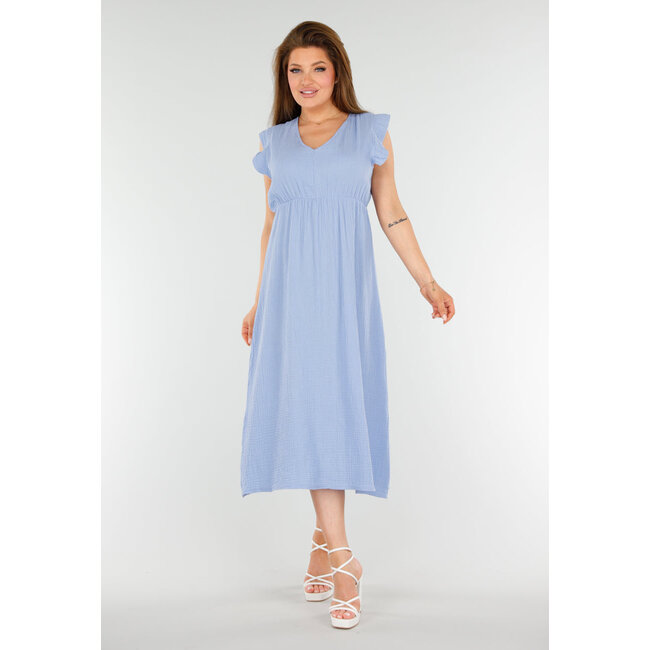 Hellblaues Midikleid aus Baumwolle mit V-Ausschnitt und gerüschten Ärmeln