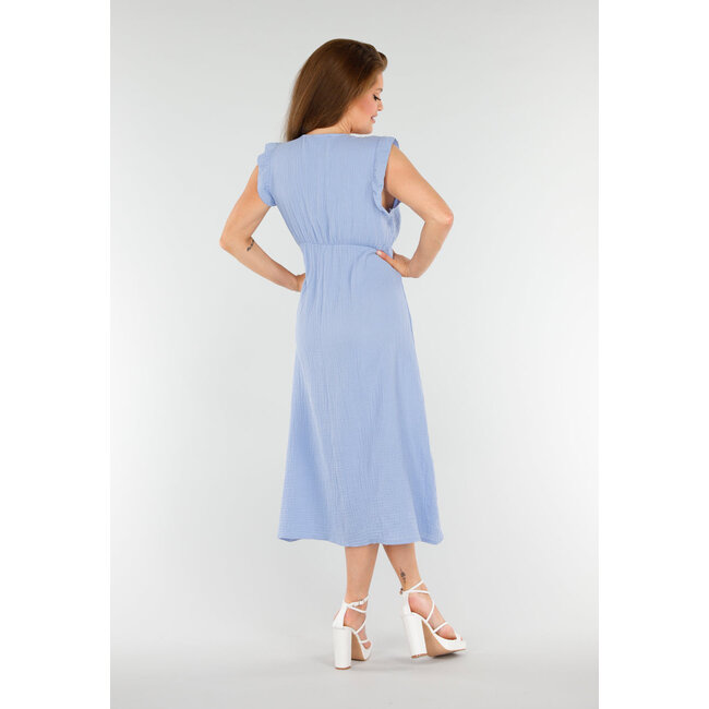 Hellblaues Midikleid aus Baumwolle mit V-Ausschnitt und gerüschten Ärmeln