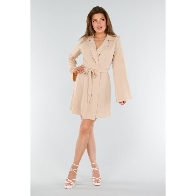 Beige Langärmeliges Wickelkleid in Leinenoptik
