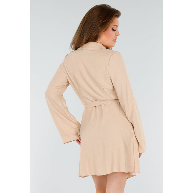 Beige Langärmeliges Wickelkleid in Leinenoptik