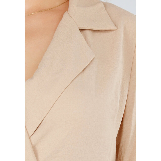 Beige Langärmeliges Wickelkleid in Leinenoptik