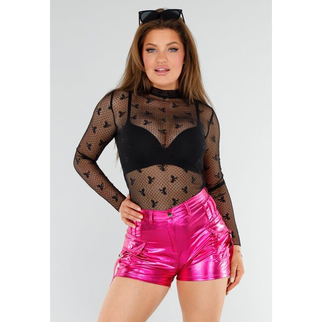 Schwarzes Mesh-Top mit Schleifen und langen Ärmeln