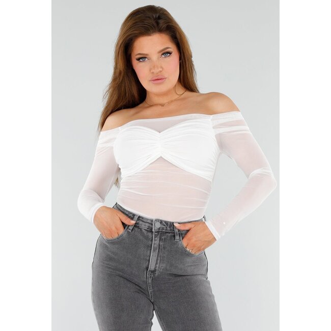 Weißes schulterfreies Stretch-Top mit Mesh-Optik
