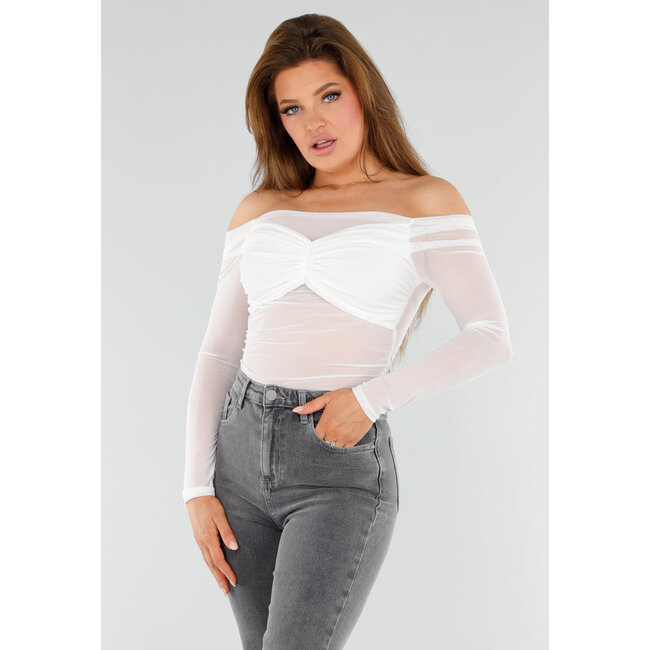 Weißes schulterfreies Stretch-Top mit Mesh-Optik