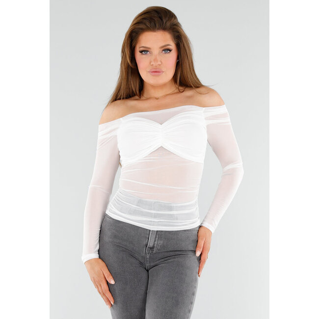 Weißes schulterfreies Stretch-Top mit Mesh-Optik