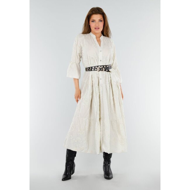 Beigefarbenes Maxikleid mit Stickerei und Trompetenärmeln in Leinenoptik
