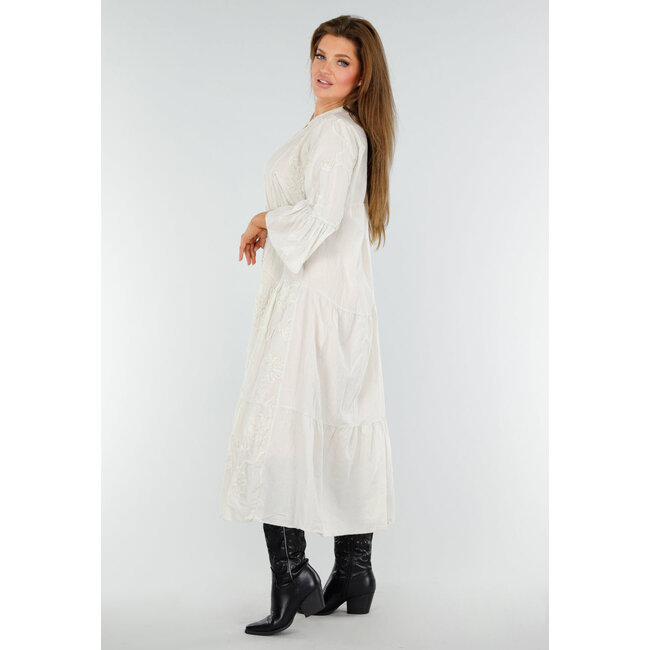 Beigefarbenes Maxikleid mit Stickerei und Trompetenärmeln in Leinenoptik