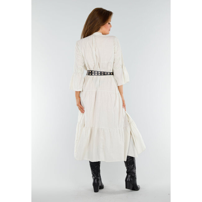 Beigefarbenes Maxikleid mit Stickerei und Trompetenärmeln in Leinenoptik