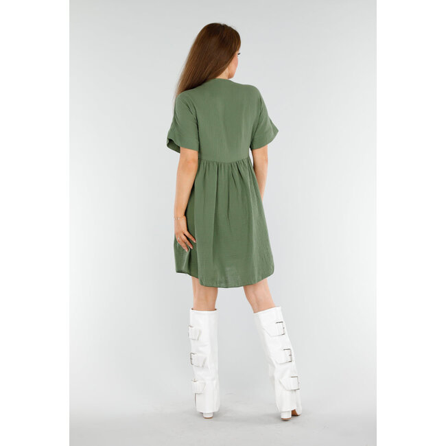 Khakifarbenes Kleid mit gesticktem V-Ausschnitt und lockerer A-Linien-Passform