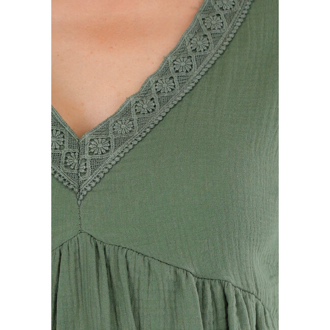 Khakifarbenes Kleid mit gesticktem V-Ausschnitt und lockerer A-Linien-Passform