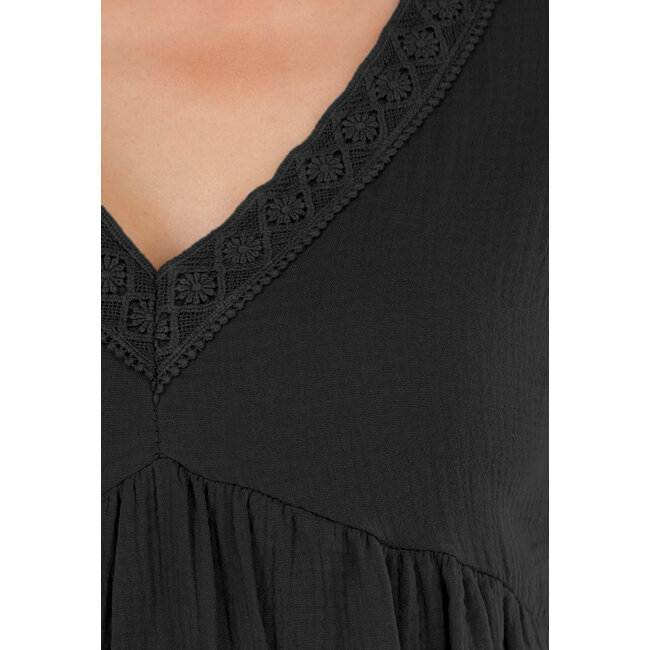 Schwarzes Kleid mit besticktem V-Ausschnitt und lockerer A-Linien-Passform