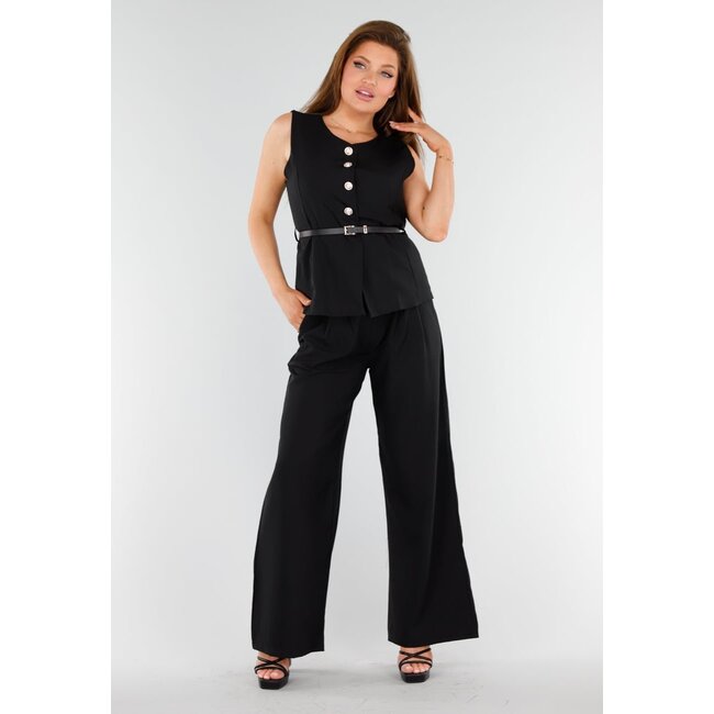 Schwarzes 2-teiliges Set mit ärmellosem Oberteil und gerader weiter Hose