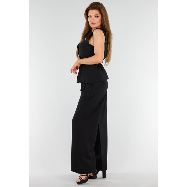 Schwarzes 2-teiliges Set mit ärmellosem Oberteil und gerader weiter Hose