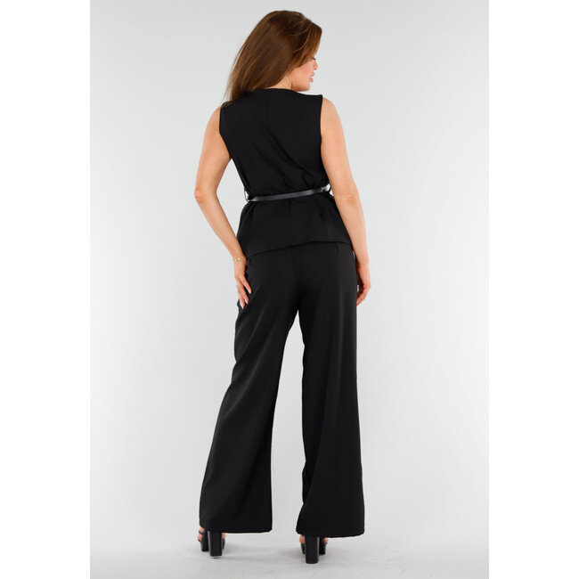 Schwarzes 2-teiliges Set mit ärmellosem Oberteil und gerader weiter Hose