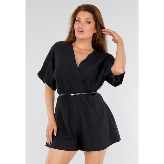 Schwarzer Playsuit mit Überschlag und kurzen Kimono-Ärmeln