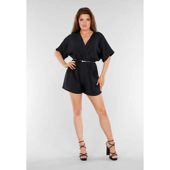 Schwarzer Playsuit mit Überschlag und kurzen Kimono-Ärmeln