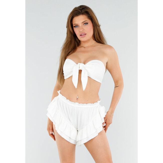 Weißes 2-teiliges Set mit Bandeau-Top und Rüschen-Short