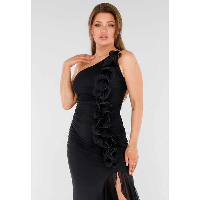 Schwarzes One-Shoulder-Kleid mit Rüschen und Schlitz