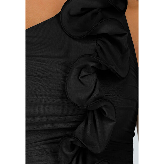 Schwarzes One-Shoulder-Kleid mit Rüschen und Schlitz