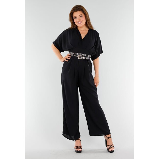 Schwarzer Jumpsuit mit weitem V-Ausschnitt und Schleifenverschluss am Rücken