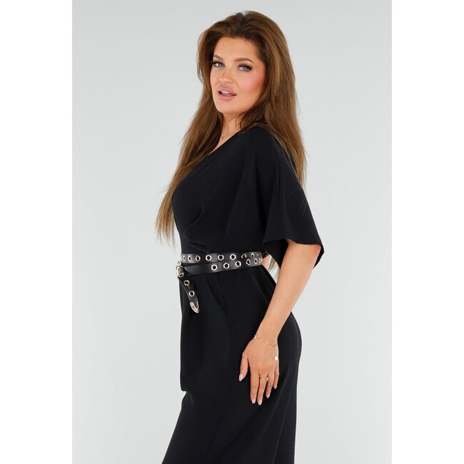 Schwarzer Jumpsuit mit weitem V-Ausschnitt und Schleifenverschluss am Rücken