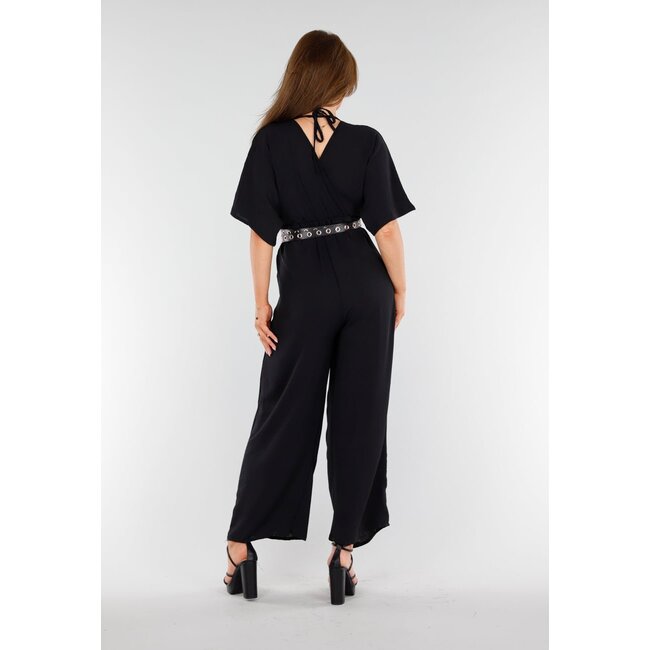 Schwarzer Jumpsuit mit weitem V-Ausschnitt und Schleifenverschluss am Rücken