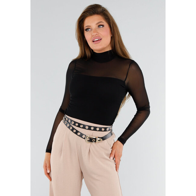 Schwarzes Mesh-Top mit hohem Ausschnitt und langen Ärmeln