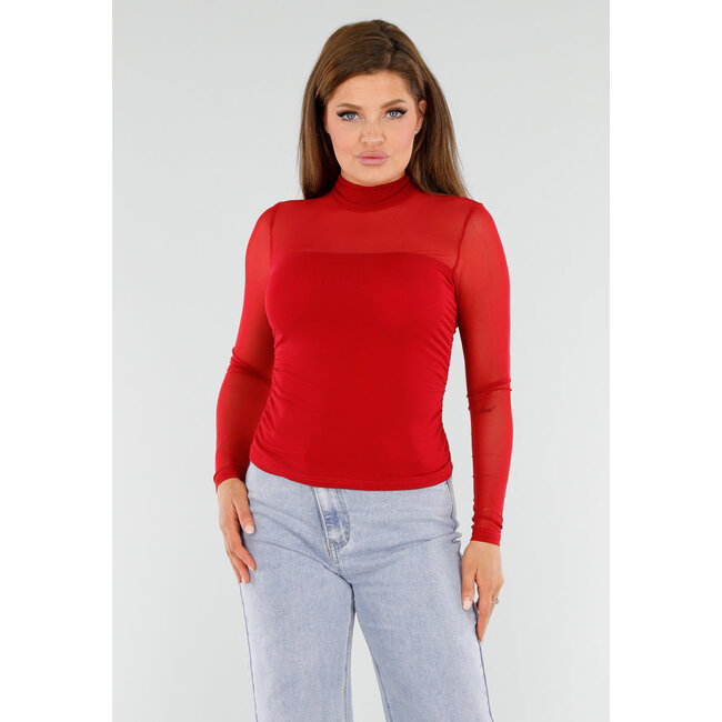 Rotes Mesh-Top mit hohem Ausschnitt und langen Ärmeln