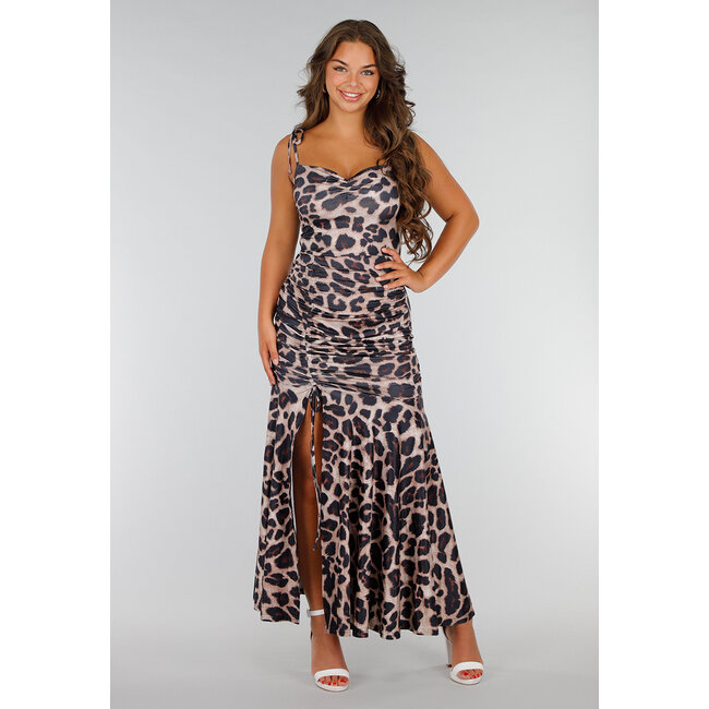 Stretch-Maxikleid mit Panther-Print, Schleifen, Rüschen und Schlitzen