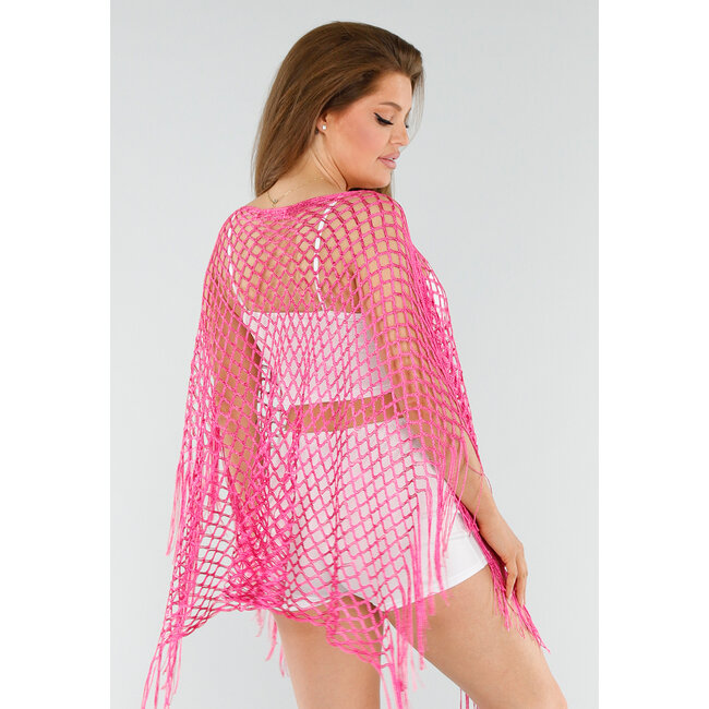 Fuchsia Netzstoff Cover-Up mit Fransen und offenem Karomuster