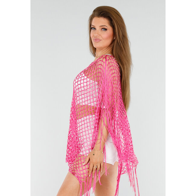 Fuchsia Netzstoff Cover-Up mit Fransen und offenem Karomuster