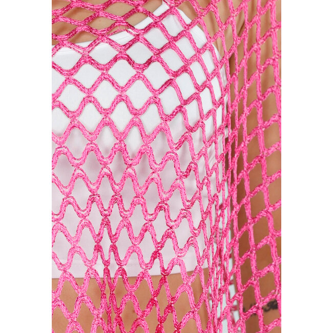 Fuchsia Netzstoff Cover-Up mit Fransen und offenem Karomuster