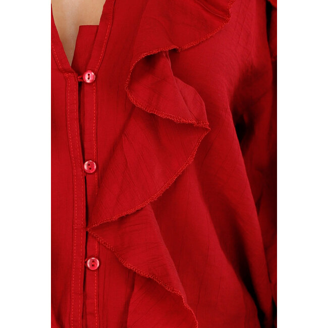 Rote Bluse mit Volants und lockeren Ballonärmeln