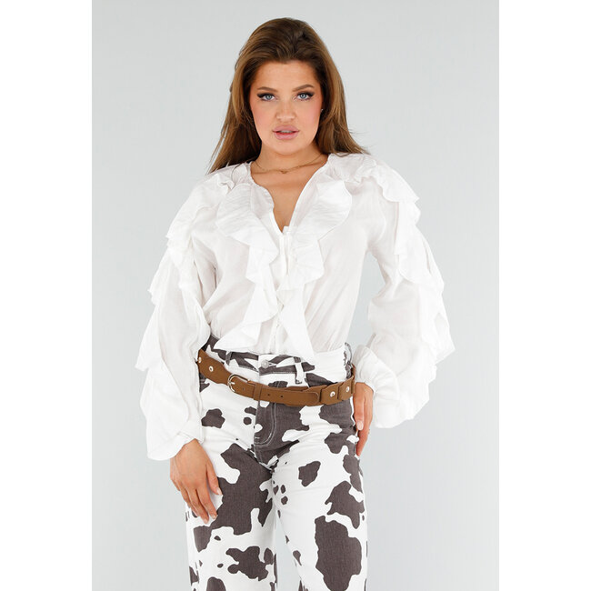 Weiße Bluse mit Volants und lockeren Ballonärmeln