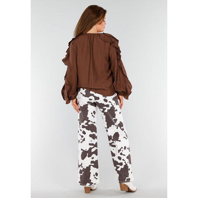 Braune Bluse mit Volants und lockeren Ballonärmeln