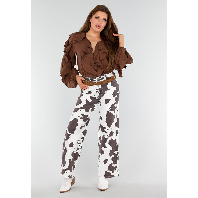 Braune Bluse mit Volants und lockeren Ballonärmeln