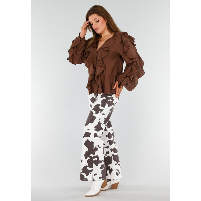 Braune Bluse mit Volants und lockeren Ballonärmeln