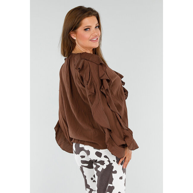 Braune Bluse mit Volants und lockeren Ballonärmeln