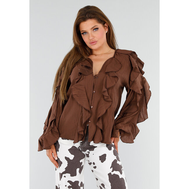 Braune Bluse mit Volants und lockeren Ballonärmeln